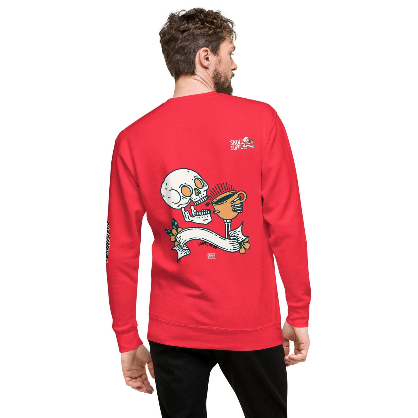 Omshway Coffee Skull Unisex Premium Sweatshirt featuring a bold skull graphic, crafted for a comfortable and stylish fit, perfect for both men and women, team red back view