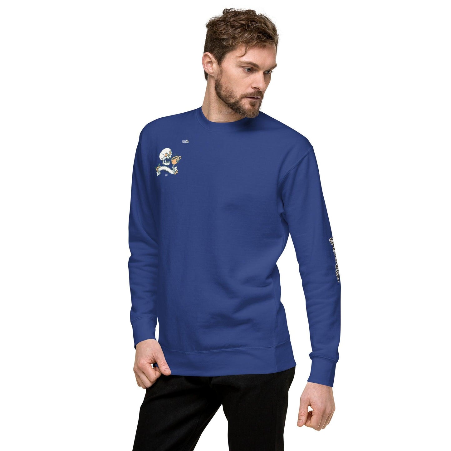 Omshway Coffee Skull Unisex Premium Sweatshirt featuring a bold skull graphic, crafted for a comfortable and stylish fit, perfect for both men and women, royal blue left front