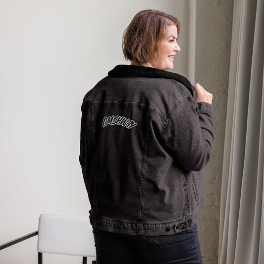 Unisex denim sherpa jacket featuring a cozy interior and 'OMSHWAY' boldly written at the back, perfect for a stylish, casual look in cooler weather, black demin back view - Omshway Store