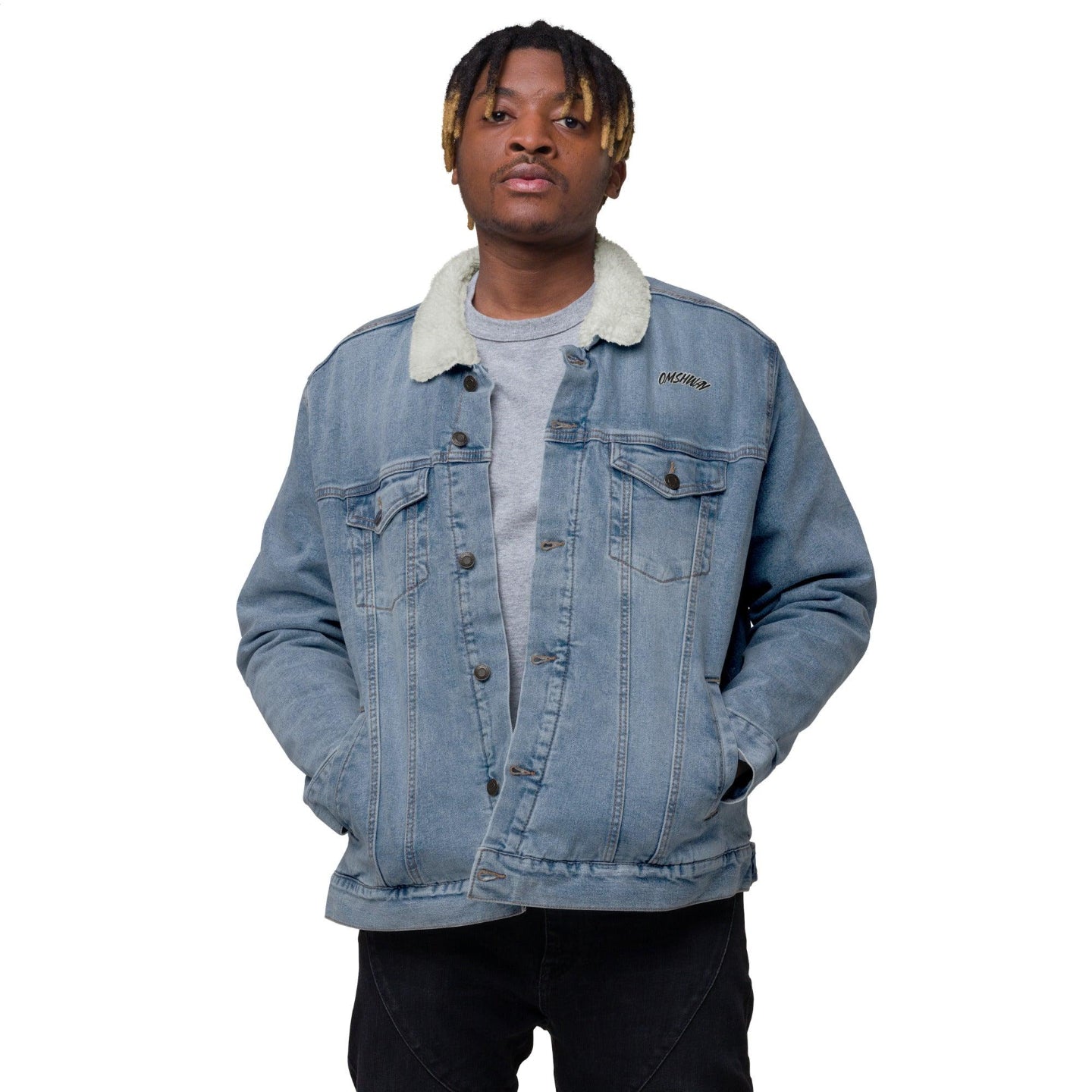 Omshway Unisex Denim Sherpa Jacket featuring a classic denim design with cozy sherpa lining for warmth and style in a versatile, unisex fit light blue zoomed out