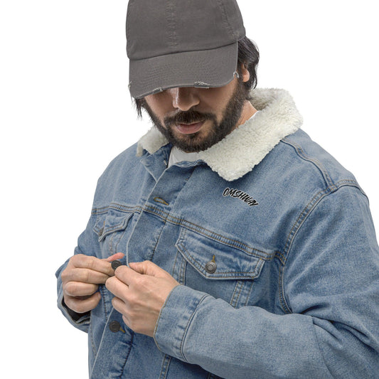 Omshway Unisex Denim Sherpa Jacket featuring a classic denim design with cozy sherpa lining for warmth and style in a versatile, unisex fit light blue