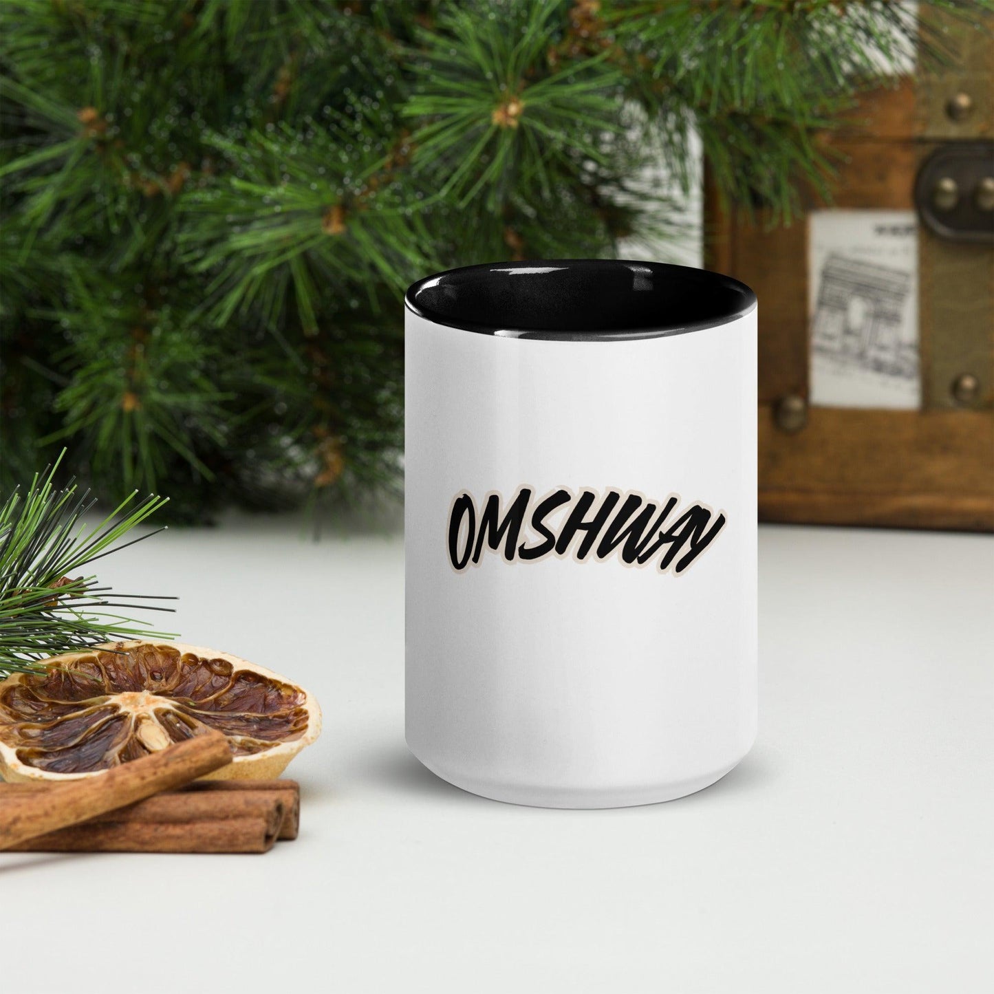 Omshway Mug with Color Inside featuring a vibrant, contrasting interior and sleek design, perfect for adding a pop of color to your morning routine. black front view