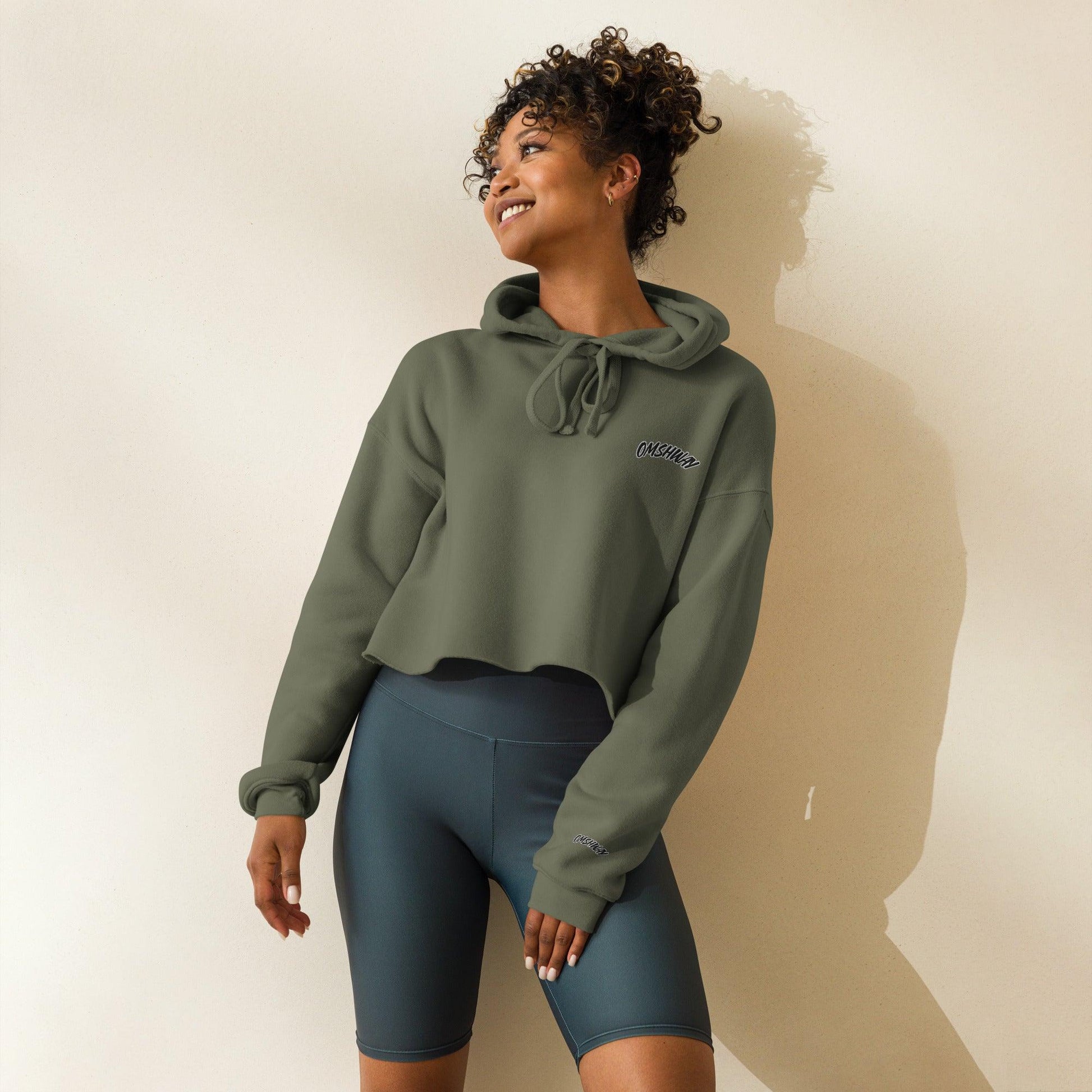 Omshway Crop Hoodie featuring a stylish, modern design with a comfortable fit, perfect for casual wear and adding a trendy touch to any outfit, military green front view