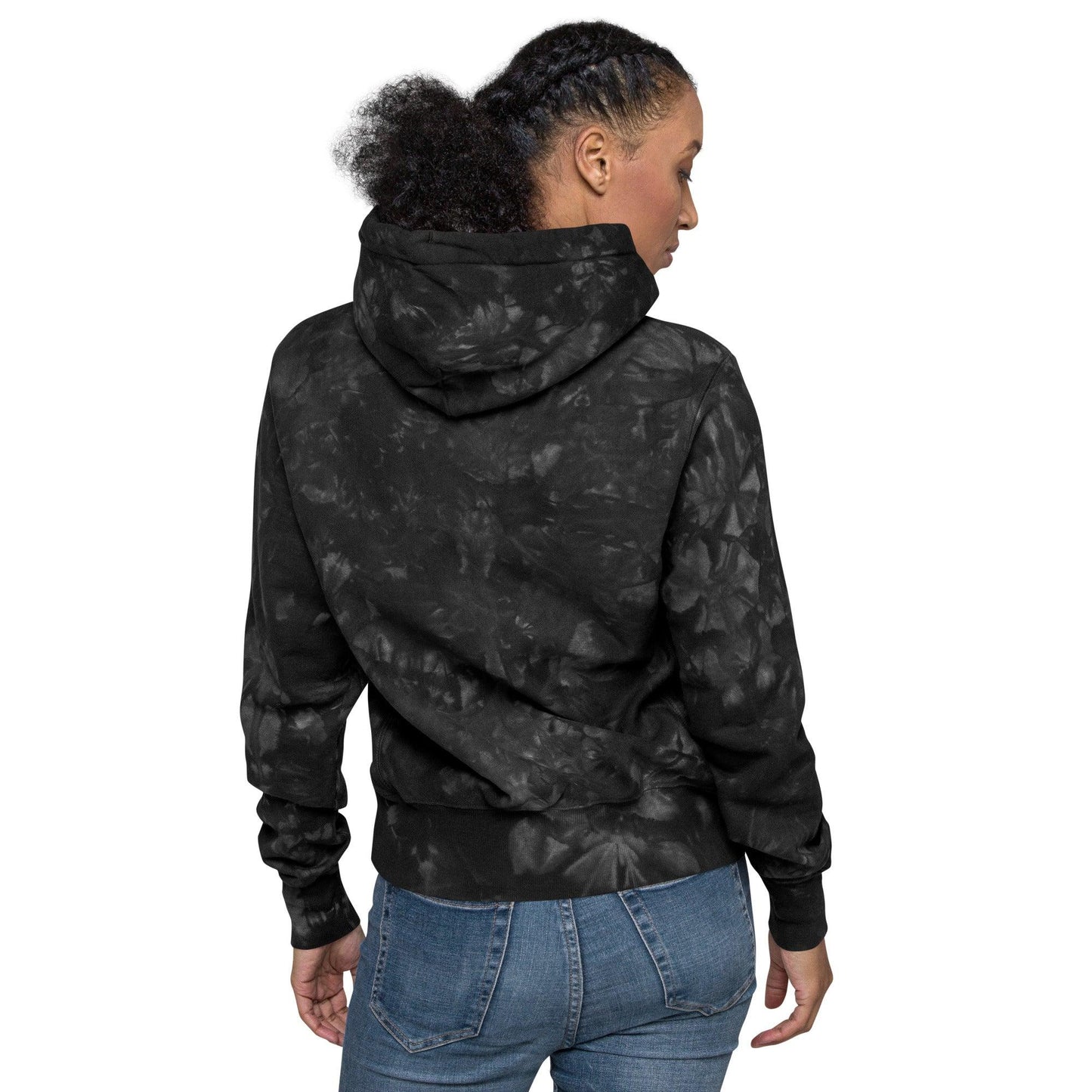 Omshway Unisex Champion Tie-Dye Hoodie featuring vibrant tie-dye patterns, a cozy fit, adjustable hood, and front pocket for casual style black back view - Omshway Store