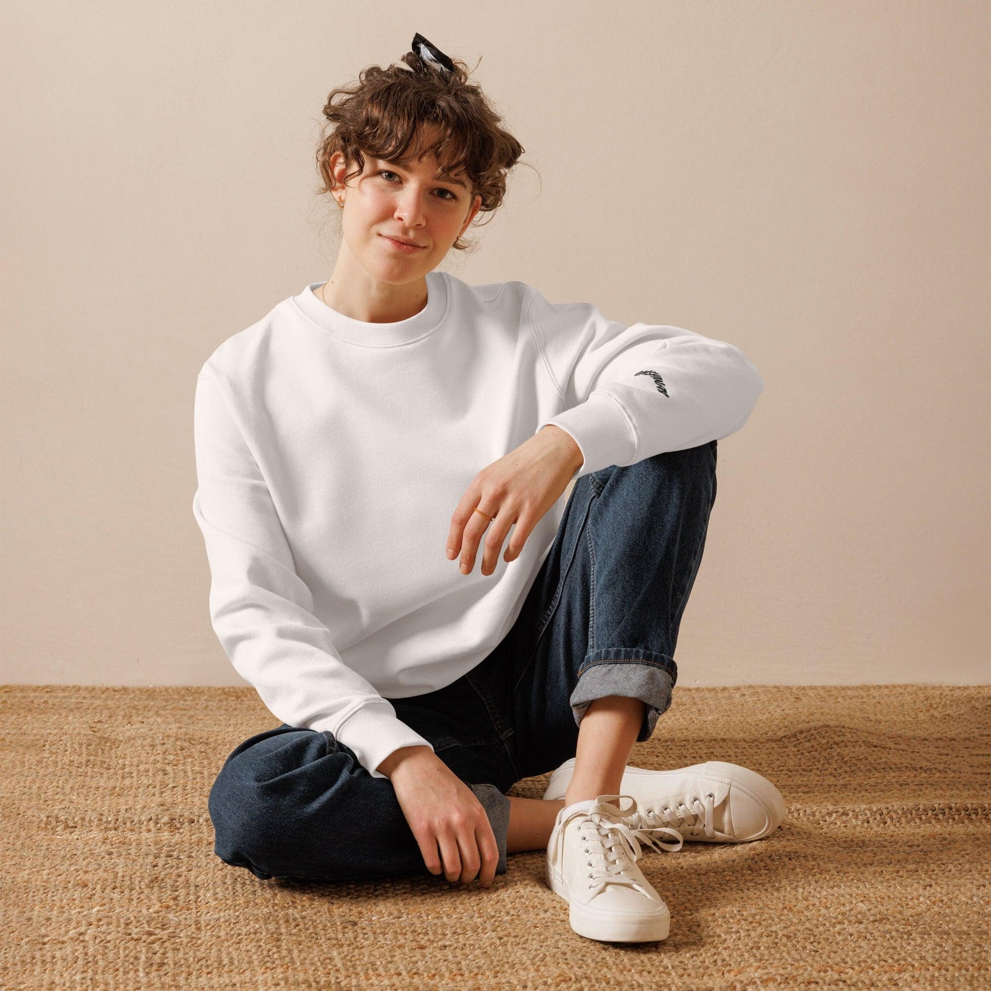 Omshway Unisex Eco Sweatshirt made from sustainable materials, offering comfort, style, and a relaxed fit for everyday wear white front