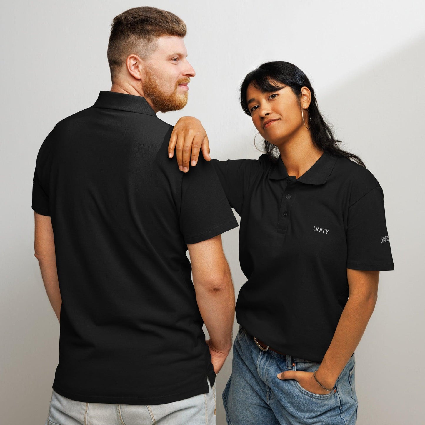  Premium Pique Polo Shirt, high-quality cotton blend with a classic fit, ribbed collar, and button-down placket. Ideal for casual or business casual wear, available in various colors for men and women, black front and back  view - Omshway Store