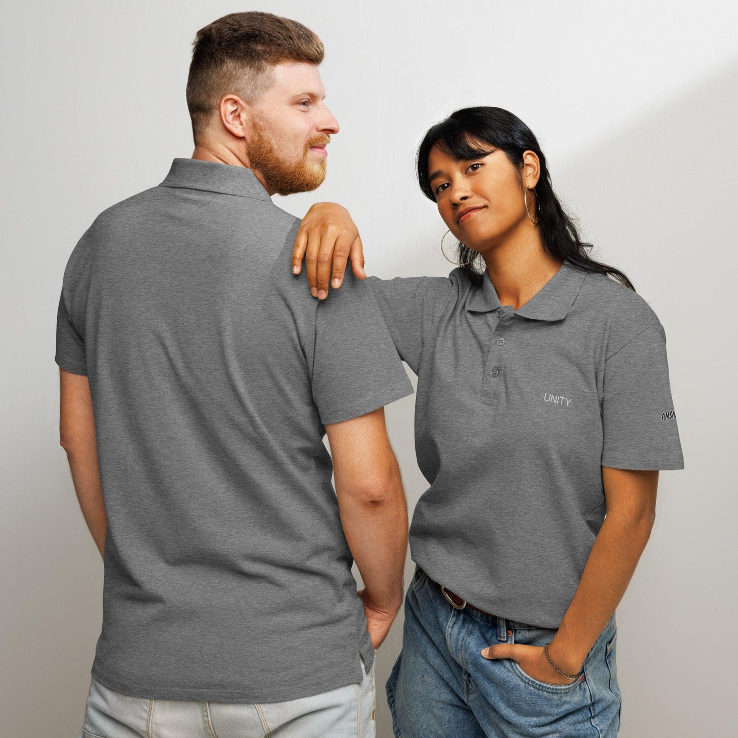 Premium Pique Polo Shirt, high-quality cotton blend with a classic fit, ribbed collar, and button-down placket. Ideal for casual or business casual wear, available in various colors for men and women, melange front and back view - Omshway Store