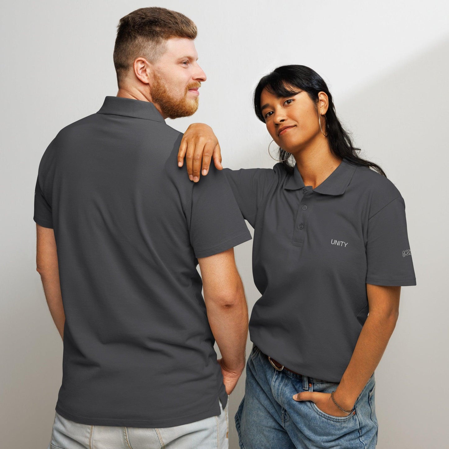 Premium Pique Polo Shirt, high-quality cotton blend with a classic fit, ribbed collar, and button-down placket. Ideal for casual or business casual wear, available in various colors for men and women, grey front and back view - Omshway Store