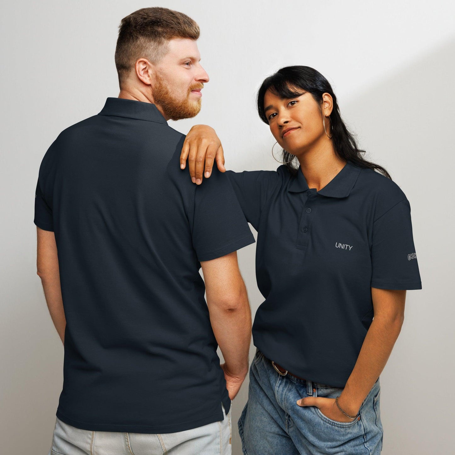 Premium Pique Polo Shirt, high-quality cotton blend with a classic fit, ribbed collar, and button-down placket. Ideal for casual or business casual wear, available in various colors for men and women, navy front and back view - Omshway Store