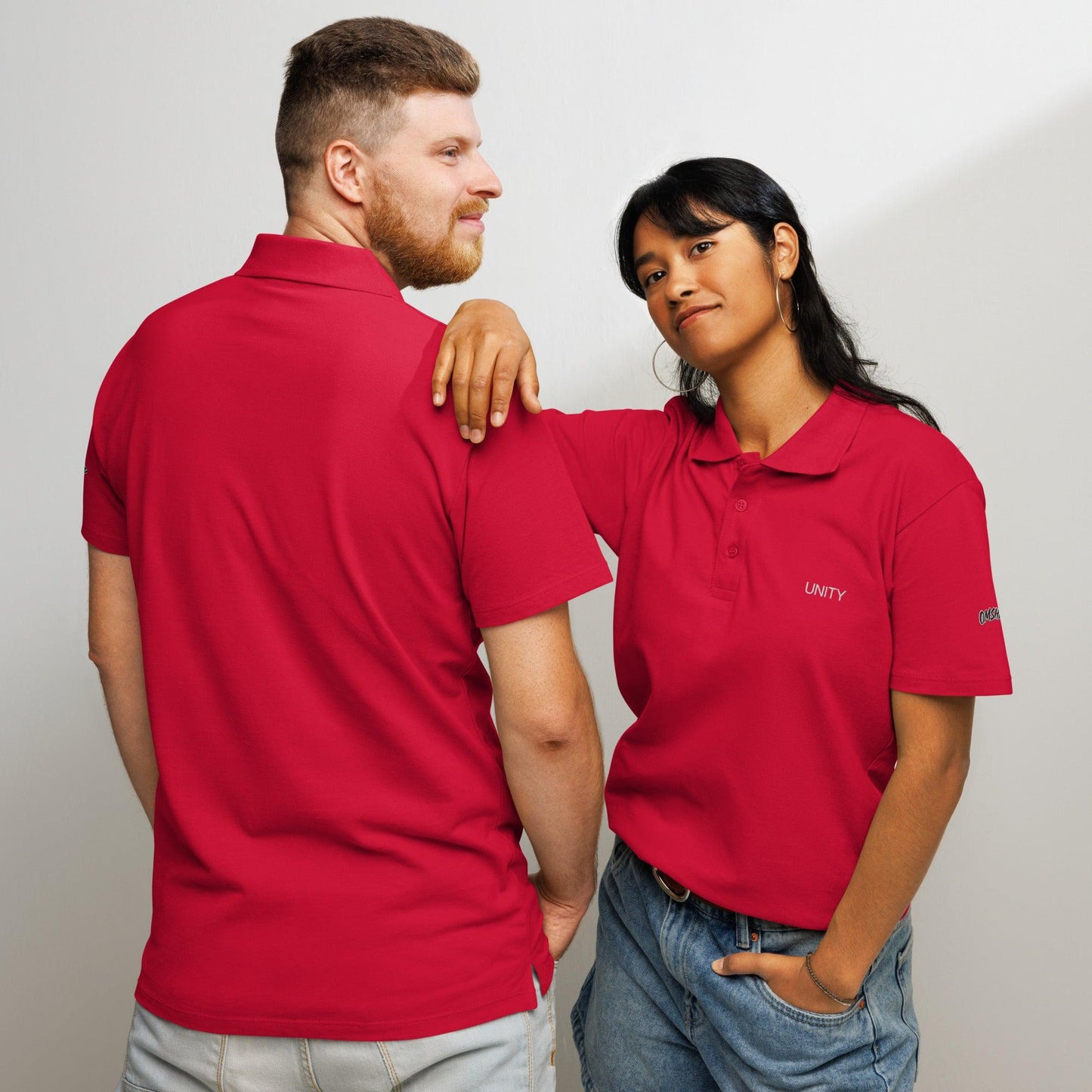 Premium Pique Polo Shirt, high-quality cotton blend with a classic fit, ribbed collar, and button-down placket. Ideal for casual or business casual wear, available in various colors for men and women, red front and back view - Omshway Store