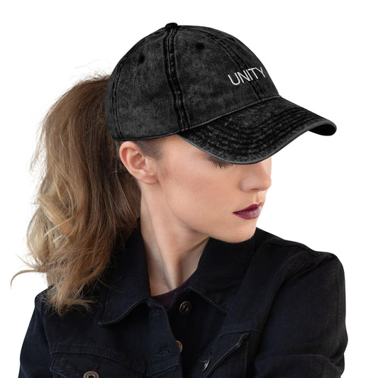 Unity vintage cotton twill cap, a classic design with adjustable strap, perfect for adding a stylish and casual touch to any outfit , black right front view- Omshway Store