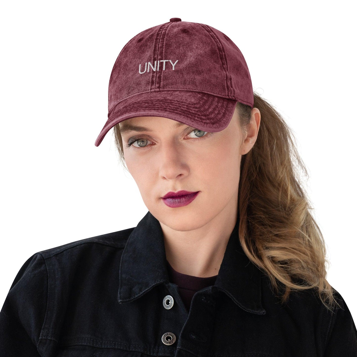 Unity vintage cotton twill cap, a classic design with adjustable strap, perfect for adding a stylish and casual touch to any outfit, maroon front view - Omshway Store