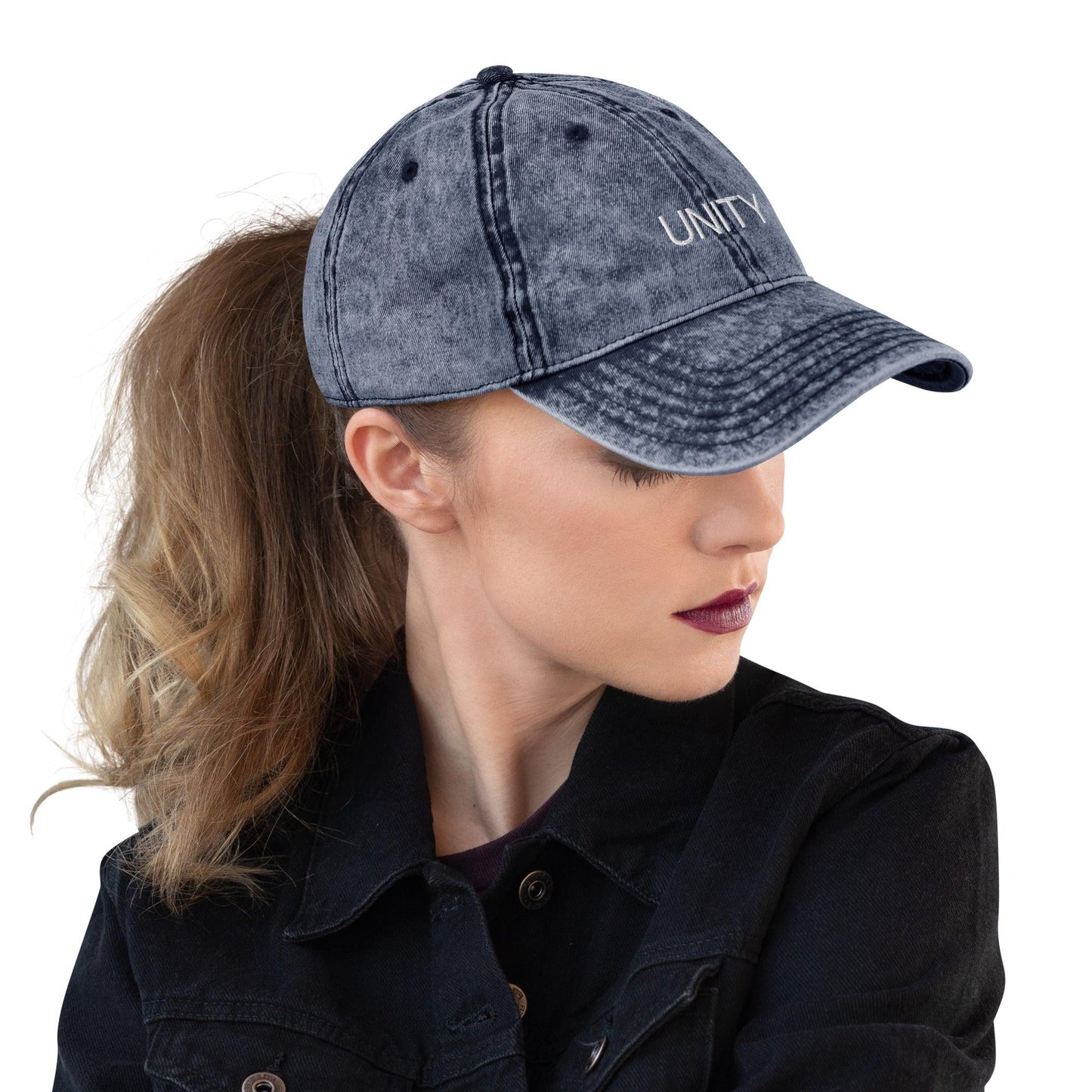 Unity vintage cotton twill cap, a classic design with adjustable strap, perfect for adding a stylish and casual touch to any outfit, navy right front view - Omshway Store