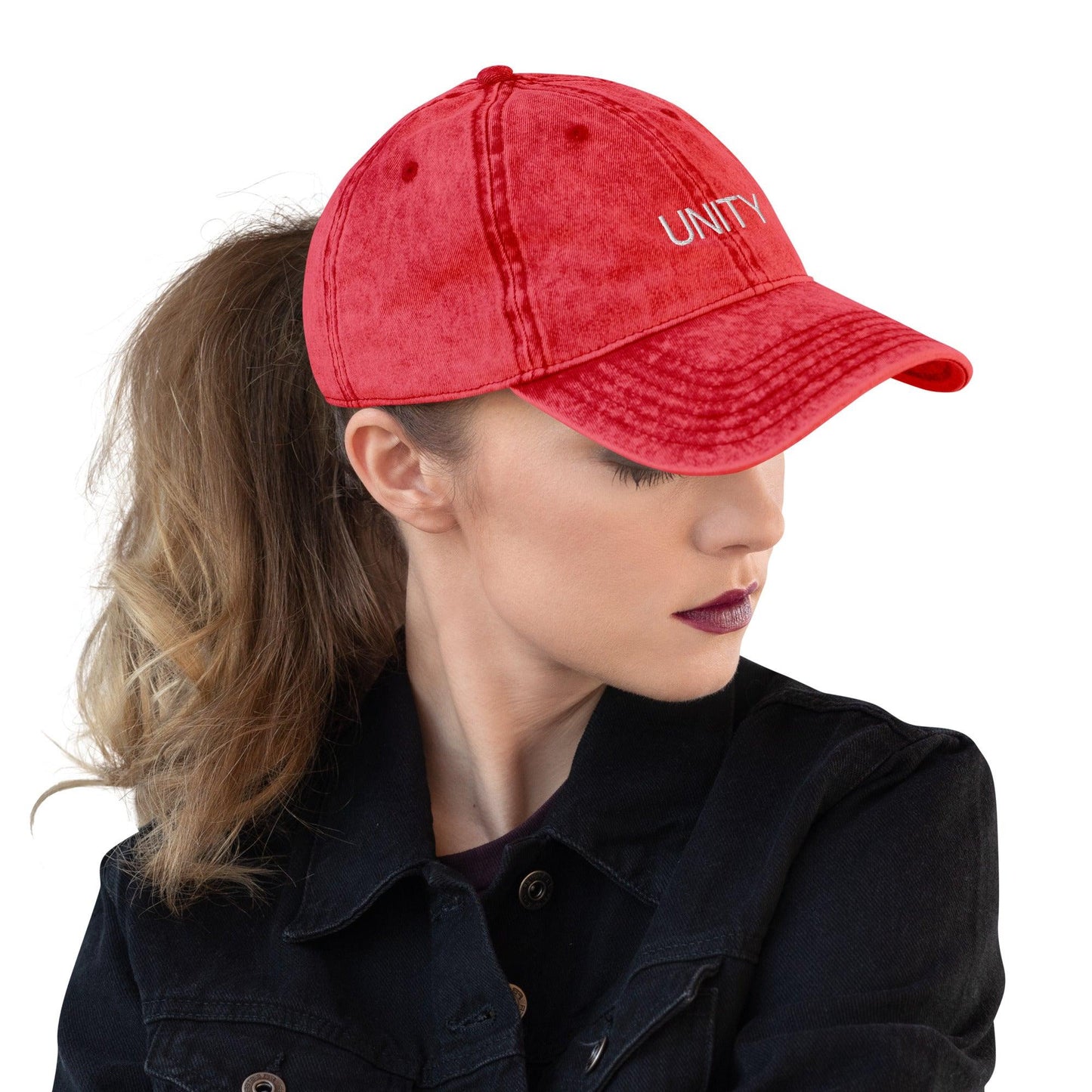 Unity vintage cotton twill cap, a classic design with adjustable strap, perfect for adding a stylish and casual touch to any outfit, red right front view - Omshway Store